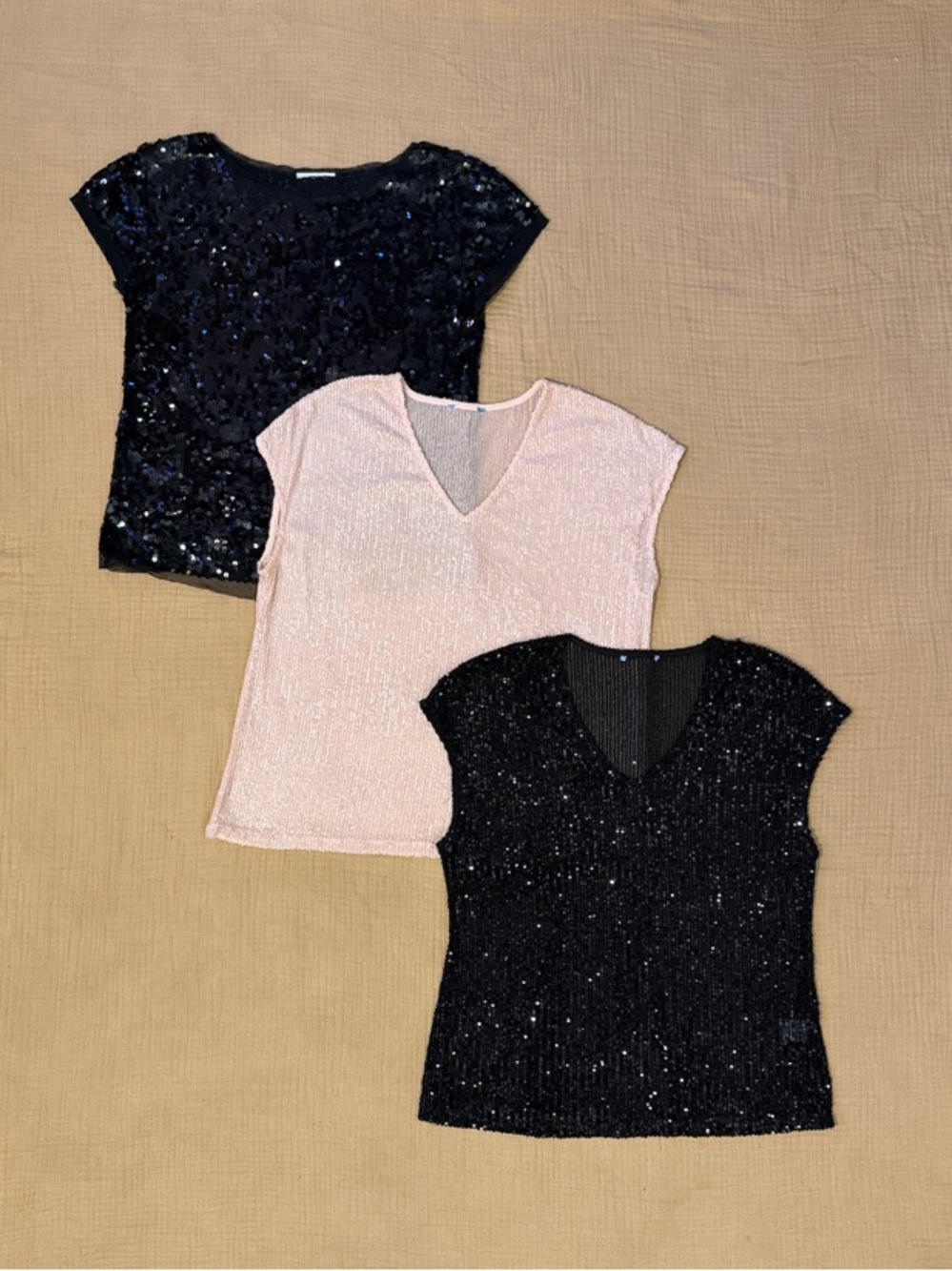 Women's Black and Blush Pink Sleeveless Sequin Tops Bundle of 3 in size S/M